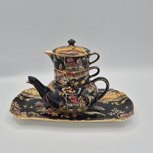 Vintage Royal Winton Stacking Tea Set – Black Pekin Chintz, 1950s English